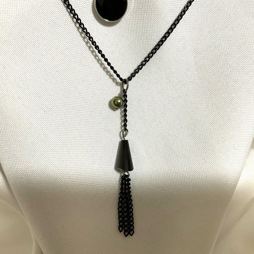 Black Glass Pendant on Stretchy Lace Choker & Black Tasseled Chain - Picture 3 of 4